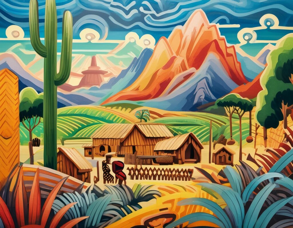 A colorful mural depicting the indigenous tribes of Leonida, showing their totem poles, wooden dwellings and cornfields.