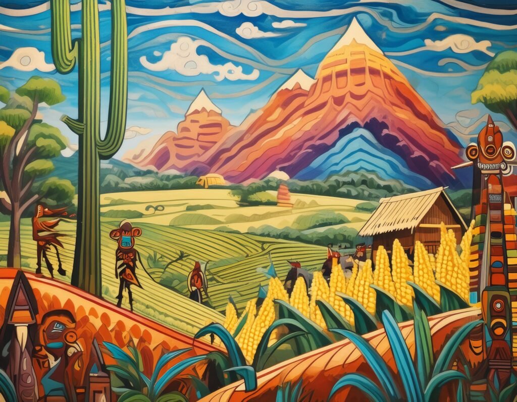 A colorful mural depicting the indigenous tribes of Leonida, showing their totem poles, wooden dwellings and cornfields.
