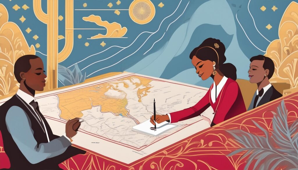 An illustration of Spanish and British representatives signing the Treaty of Paris