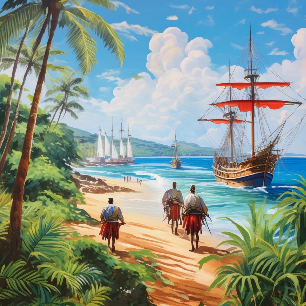 A painting of Don Ponzo de León landing on the beaches of Leonida