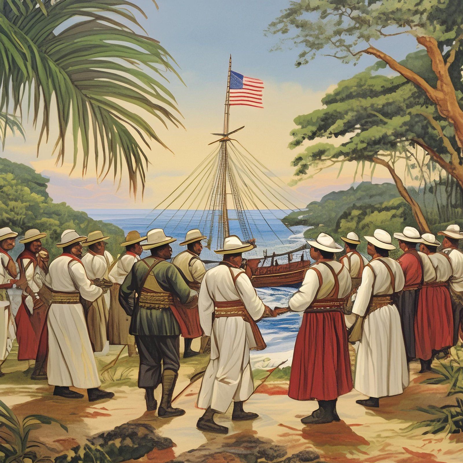 A representation of the ceremony in the United States, with Spanish and American flags