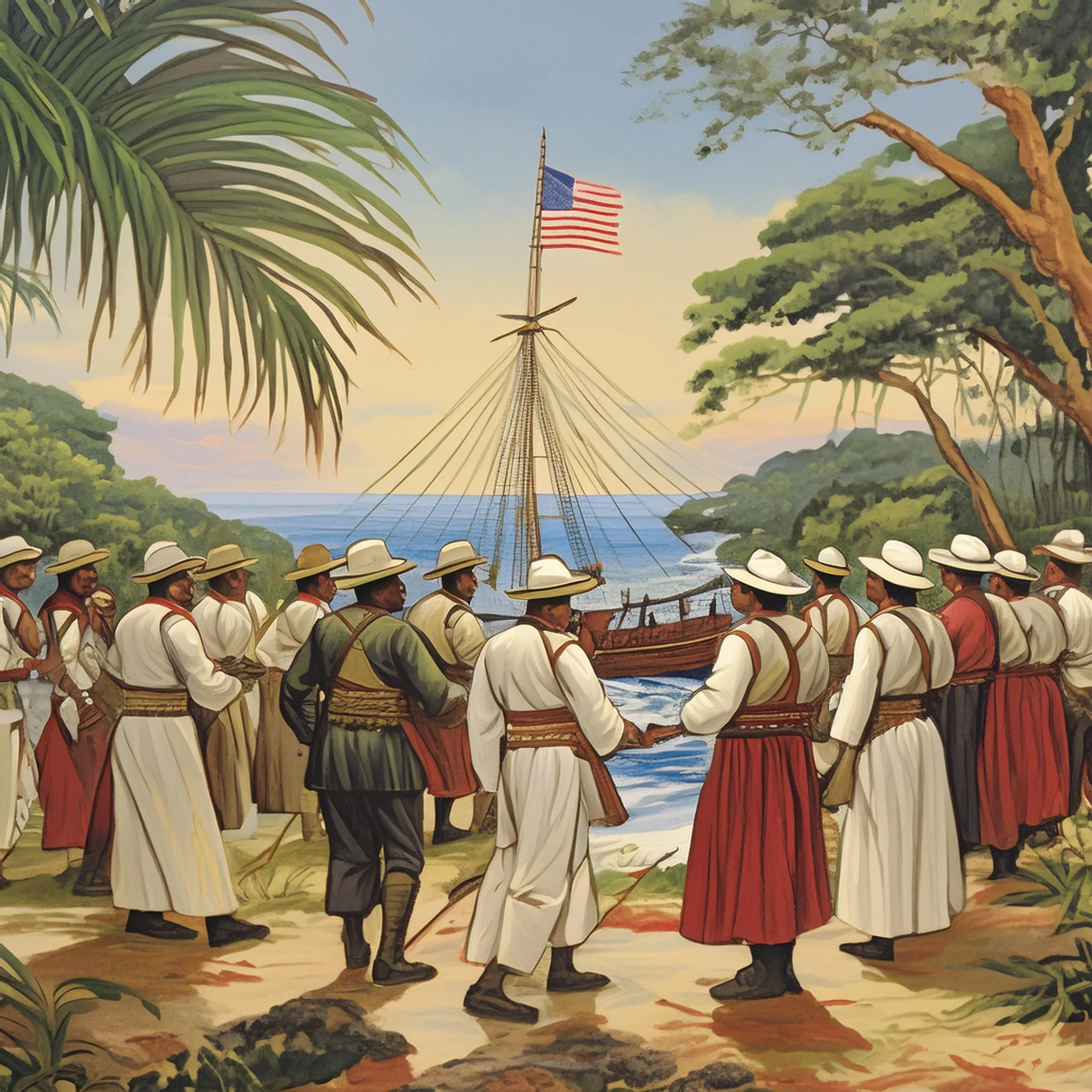 A representation of the ceremony in the United States, with Spanish and American flags