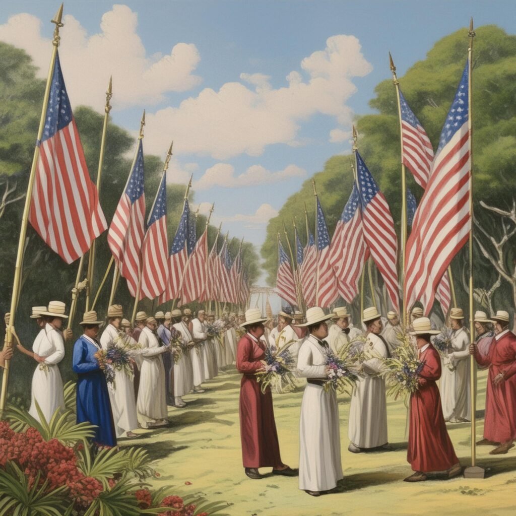 A representation of the ceremony in the United States, with Spanish and American flags